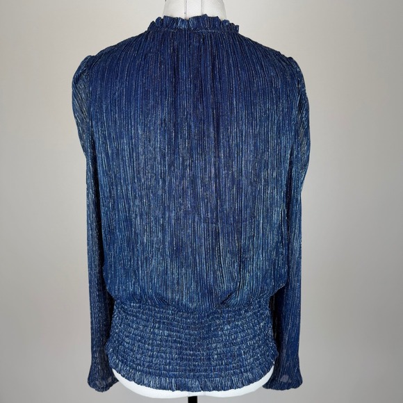 Joie Navy Blue Metallic Pleated Smocked High Neck Blouse Womens Large Party Glam - Picture 5 of 11